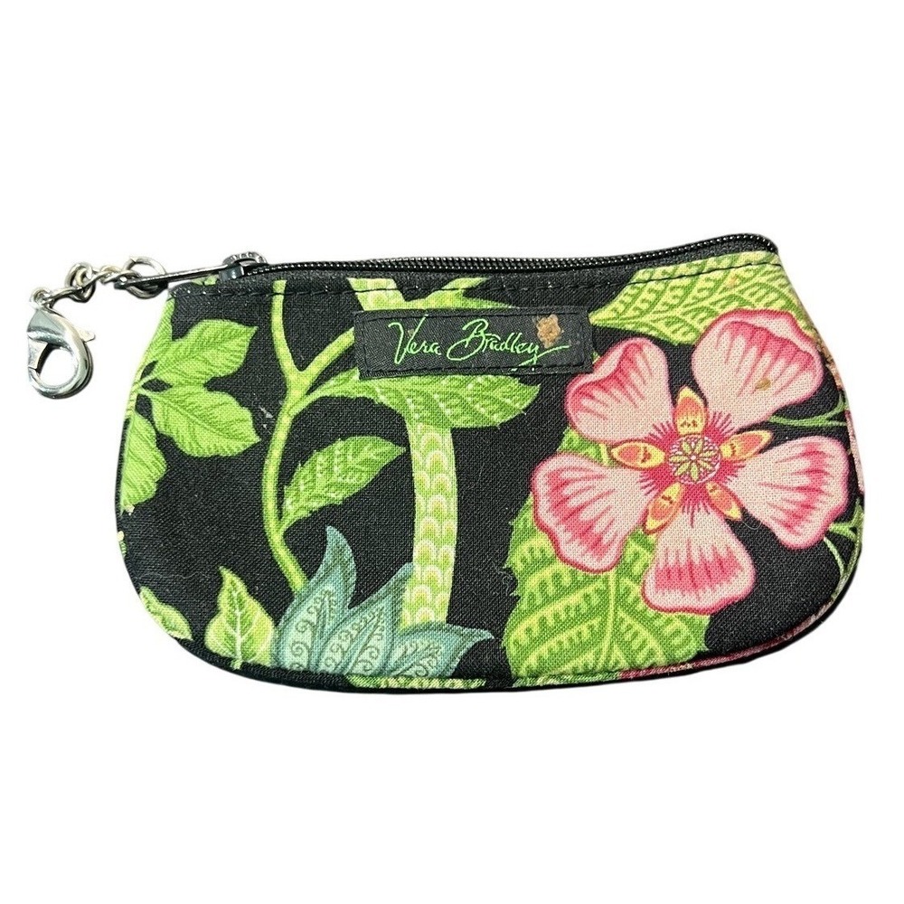 Vera Bradley Black Green Pink Floral Coin Purse ID‎ Holder Keychain Wallet Pouch